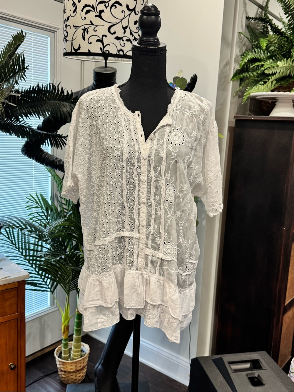 White Johnny Was Eyelet Lace Ruffle Button-Front Women's Top